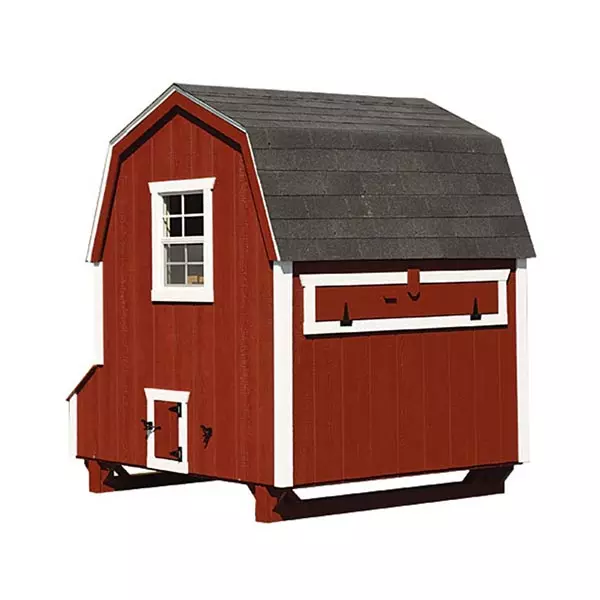 Dutch style walk-in chicken coop painted in red with white trim