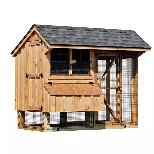 Quaker Style chicken coop and run with stained pine wood siding
